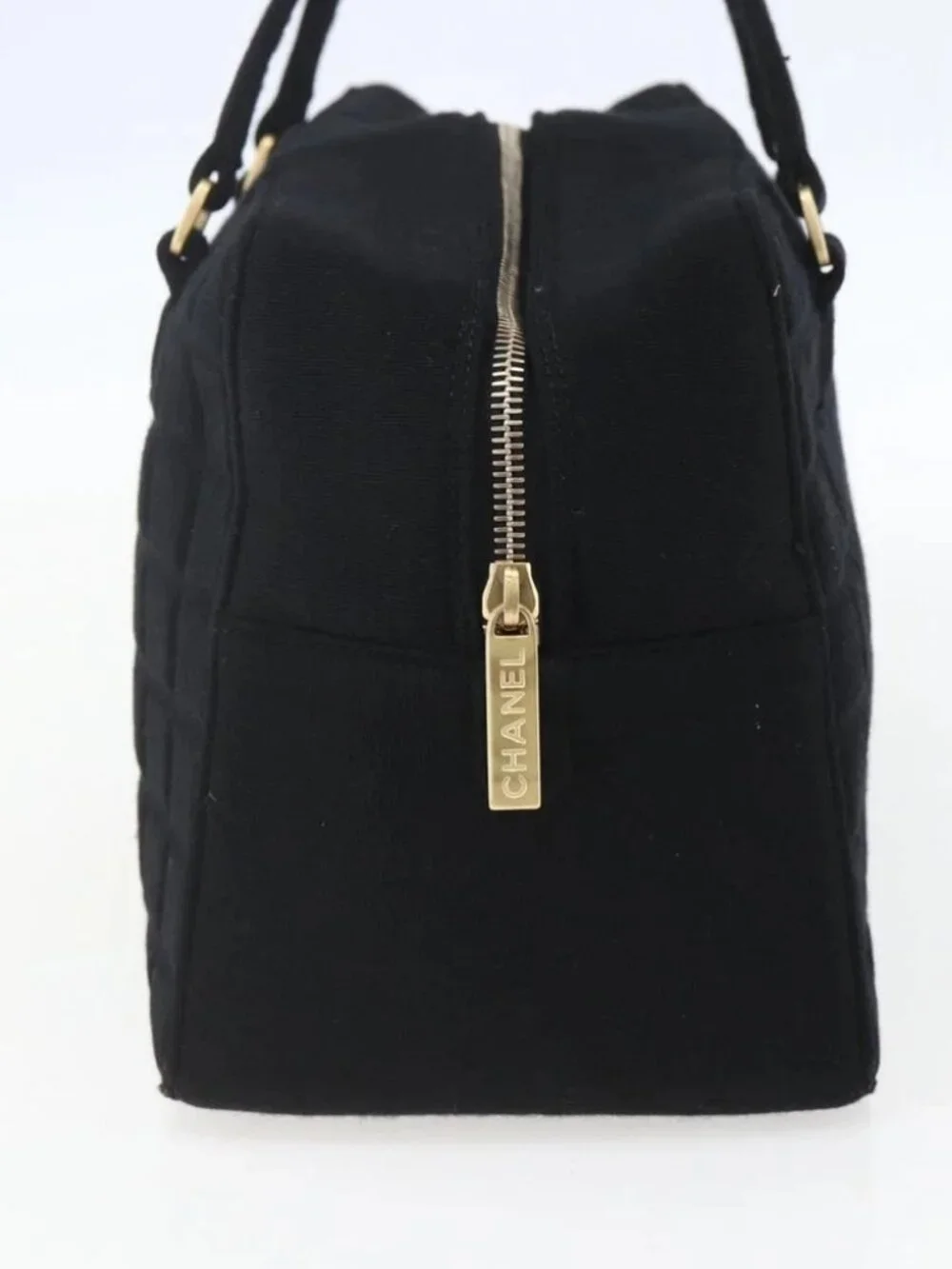 CHANEL Choco Bar Hand Bag Cotton Black Gold CC Auth 158843